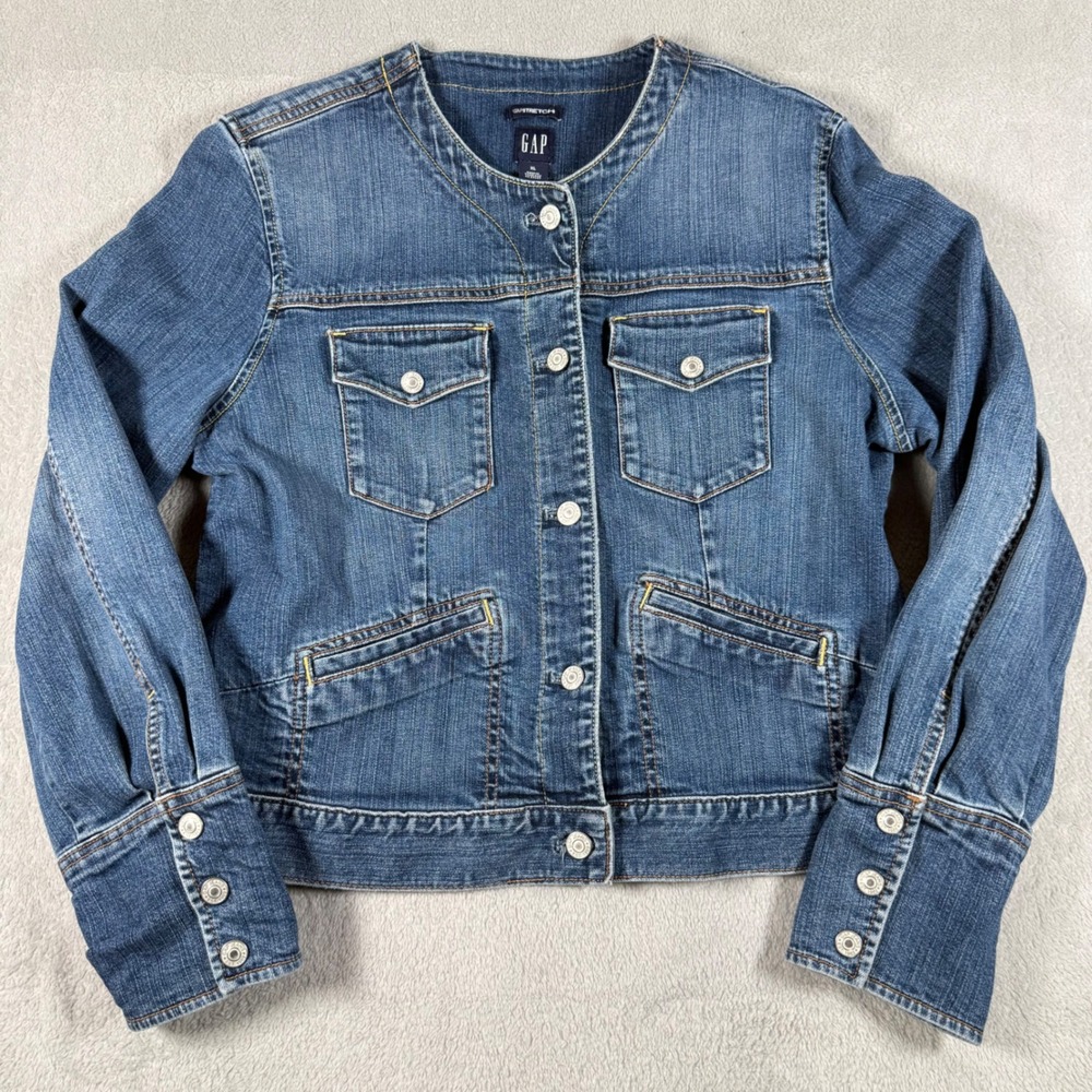 Vintage Gap Denim Jacket Women XL Blue Collarless Stretch Button Front 375259
